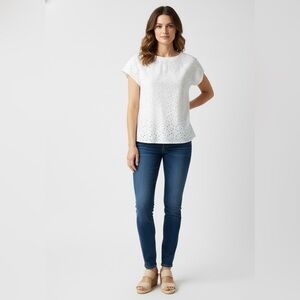 Talbots White Eyelet Lace Boatneck Blouse | Size 14